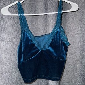 Blue lace trim tank top velvet material